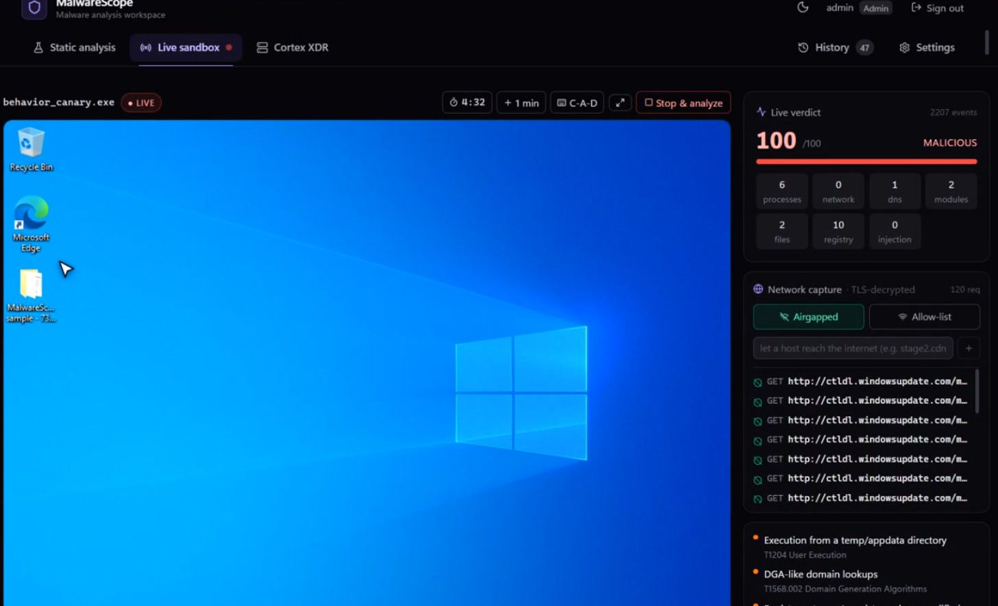 Live sandbox session with a 100 out of 100 verdict